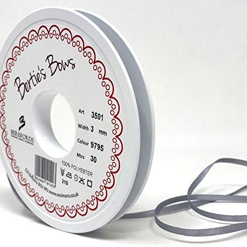 Berisfords Ribbon, Polyester, Grey, 30m x 3mm