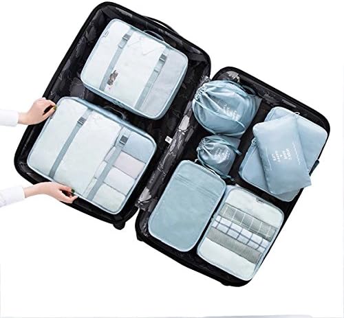 Simus Fadish- 8 Set Lightweight Packing Cubes Travel Luggage Packing Organizers Compression Pouches System Storage Bags with Shoe Bag Underwear Pouch Drawstring Bags (Sky Blue)