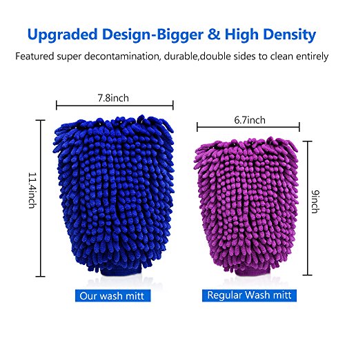COOCHEER Waterproof Car Wash Mitt, 2-Packs Double Sided Microfiber Wash Mitt With Free Polishing Cloth, Extra Large Chenille Wash Glove, Super Absorbent, Lint Scratch Free (Wash Mitt1, Blue)