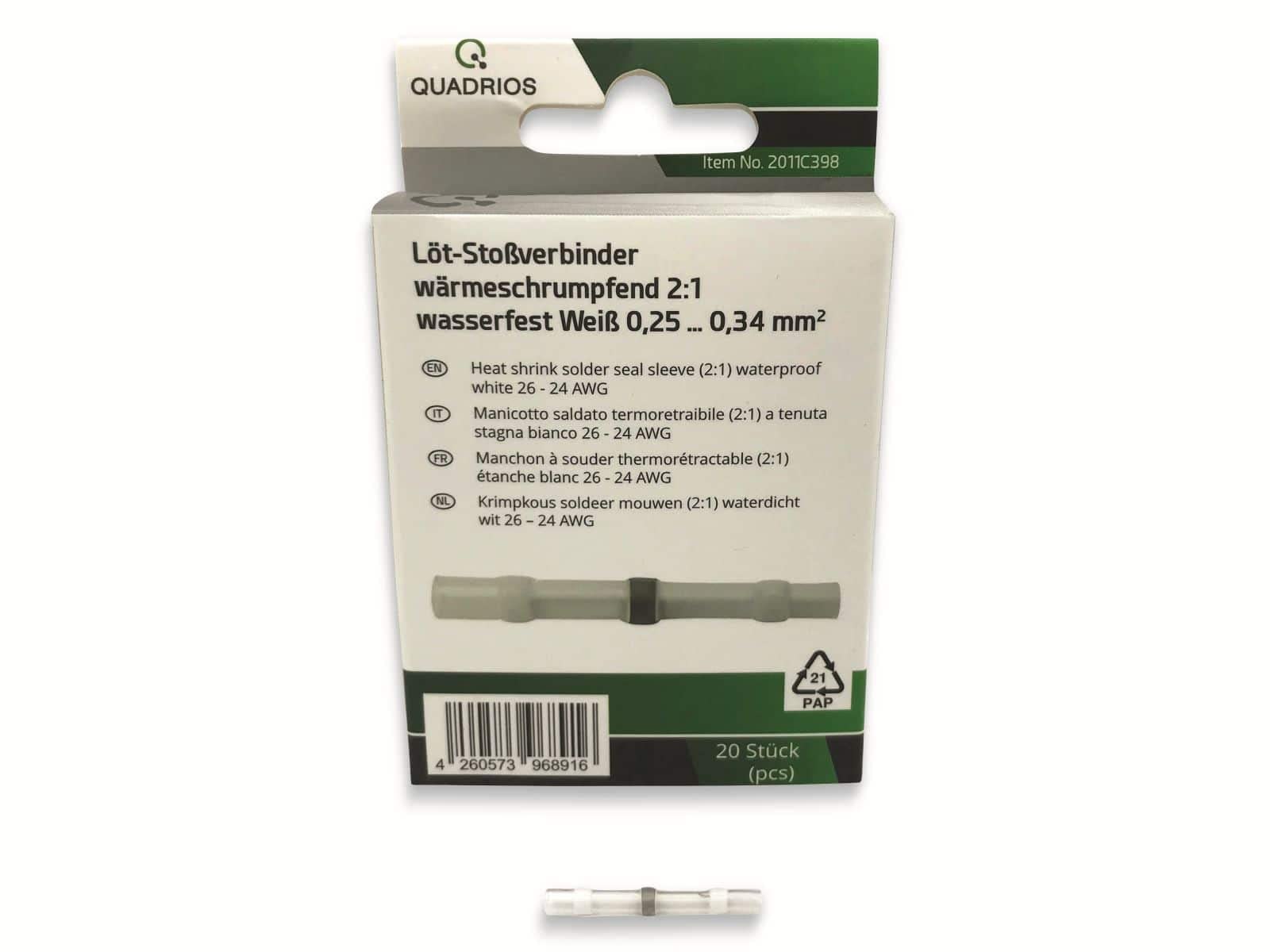 Quadrios 2011C398 Butt Connector 0.25 mm² 0.34 mm² Fully Insulated White Pack of 20