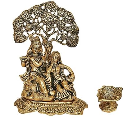 Chhariya Crafts Metal Radha Krishna Sitting Under Tree Plying Flute with Diya for Diwali Gift Decorative Showpiece - 17 cm (Metal, Gold)
