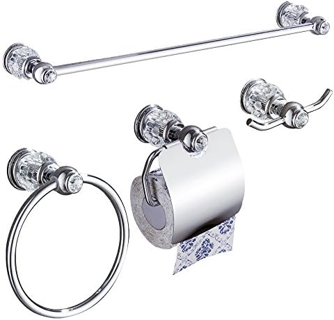 AUSWIND Chrome Crystal Solid Brass Bathroom Hardware Sets Wall Mount 4 Pieces Included (Towel Bar/ Towel Hook/ Towel Ring / Toilet Paper Holder)