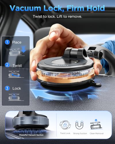 MSXTTLY Car Phone Holder for MagSafe iPhone and Non-MagSafe Android Devices, Magnetic Mount, Vacuum Suction Cup, N55 Magnets, 360 Rotatable Arm for Windshield, Smooth/Textured Surfaces, Vmag-S1 Black