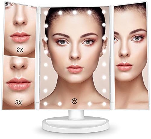 Makeup Vanity Mirror - LED lighted - By King Kosmetics, Magnification (2x,3x), White Large Trifold Cosmetic Mirror with 21 LED Lights, 180° Adjustable Rotation, Dual Power Supply