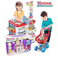 TKI-S 33 Pieces Kids Toy Supermarket Cash Register Shop Trolley Accessories - Shopping cart, Cash Register, Scale,Scanner, 8X Fruits and Vegetables, 4X Drinks, 3X Eggs, 8X Boxed Food, 6X Money