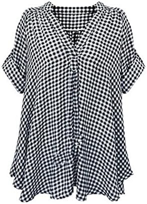 Ladiamonddiva Shirt Women Cotton Shirt Plus Size Loose Short Sleeve Top Casual Plaid Blouse XL-4XL Gray 4XL