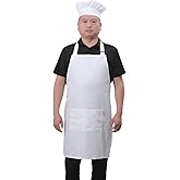 Bib Aprons Set for Women and Men, Kitchen Chef Apron with 2 Pockets and 40" Long Ties, Plus Size Adjustable Apron and Hat for Cooking - 32" x 28" - White