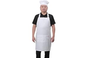 ALIPOBO Bib Aprons Set for Women and Men, Kitchen Chef Apron with 2 Pockets and 40" Long Ties, Plus Size Adjustable Apron and Hat for Cooking - 32" x 28" - White