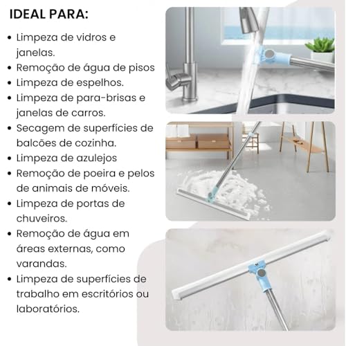 Rodo e Vassoura Mágica 2 em 1 de Silicone, 1,40m, Articulado, Giratório 180°, Ajustável, Limpeza de Vidros, Pisos, Pelos de Pet, Janelas, Cabo Desmontável em Aço Inoxidável, Varre e Seca, Marca ATM