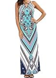 Abetteric Women Round Neck Folk Style Floral Slim Maxi Beach Dress Blue M