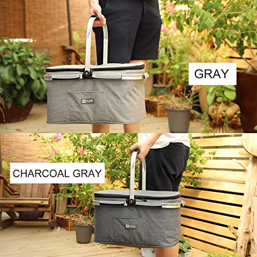 ALLCAMP Lightweight Picnic Basket Collapsible Insulated Cooler Bag for 4 Person 32L Extra Large Family Size with 2 Ice Packs(Light Gray)