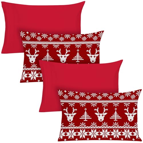 YIYEA Christmas Pillow Cases Queen Size Set of 4, Ultra Soft Double Brushed Microfiber Red Pillowcases and Christmas Reindeer Pillow Covers, Envelope Closure, Fade Resistant (20"x30")