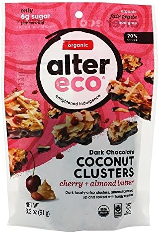 Alter Eco | Cherry and Almond Butter Coconut Clusters | 70% Pure Dark Cocoa, Fair Trade, Organic, Non-GMO, Gluten-Free Dark Chocolate Coconut Clusters, 12 Bags,3.2 OZ