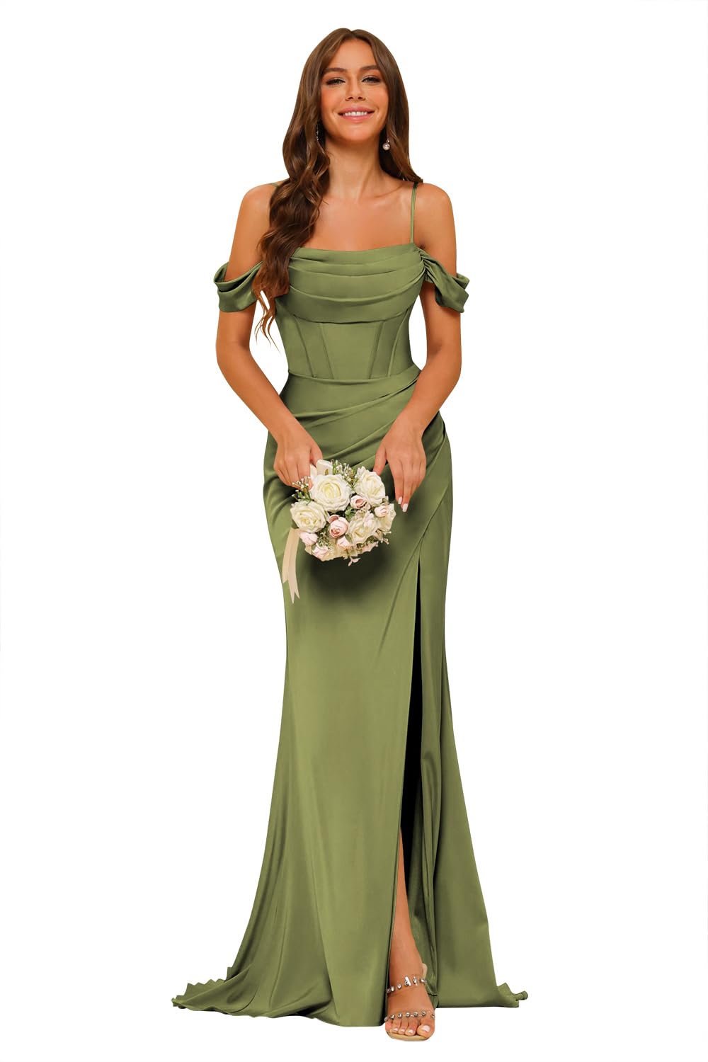 Photo 1 of Clothfun Olive Green Satin Mermaid Corset Bridesmaid Dress Dress Pleated Bridesmaids Dresses for Women Long Off Shoulder Ball Gowns Olive Green Size 10A