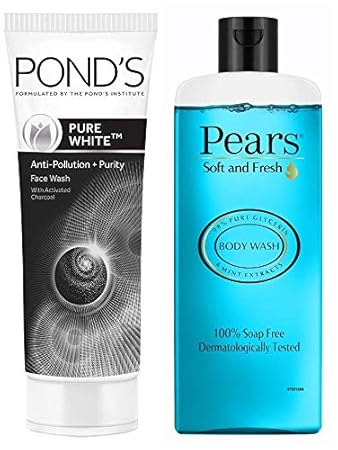 Pond's Pure White Anti Pollution With Activated Charcoal Facewash, 100g & Pears Soft and Fresh Shower Gel, 250ml