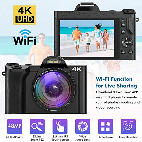 4K Digital Camera, AiTechny Vlogging Camera for YouTube 48MP Video Camera Camcorder with WiFi 3.5" IPS Touch Screen Wide Angle Lens 16X Digital Zoom YouTube Cameras