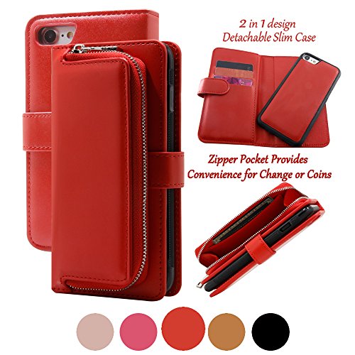 iPhone 7 Wallet Case for Women with Magnetic Detachable Slim Case and Front Zipper Pocket for Changes, 4 Card Slots, Made with Premium Faux Leather in Red-By Paraponera