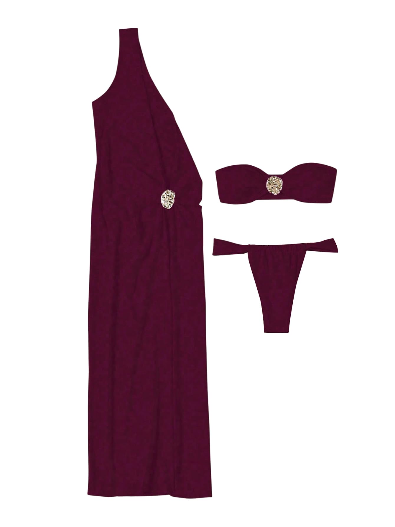 Photo 1 of SOLY HUX Women's 3 Piece Swimsuit Bandeau Bikini Set Bathing Suit with Cover Up Dress Plain Burgundy Medium