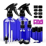 Glass Spray Bottles, 2 Trigger Sprayers with Screw Cap, 2 Mist Sprayers, 4 Roller Bottles for Essential Oils, Aromatherapy with Labels and Washable Marker, Cap, Dropper, Roller Ball