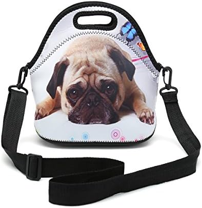 Neoprene Lunch Bag Neoprene Case Removable Shoulder Strap, Thermal Thick Lunch Tote Bag,Large Size,Reusable Bags for Adults,Kids,Women,Teens,Girls,Boys,Baby (Cute Small Pug)