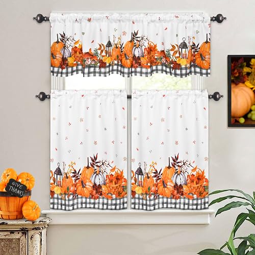 Photo 1 of Thanksgiving Fall Kitchen Curtain Valance and Tiers Set 3 Pieces Maple Leaves Pumpkin Rod Pocket Window Curtains 36 Inch Black White Buffalo Plaid Window Treatment for Cafe Bathroom Bedroom Drapes