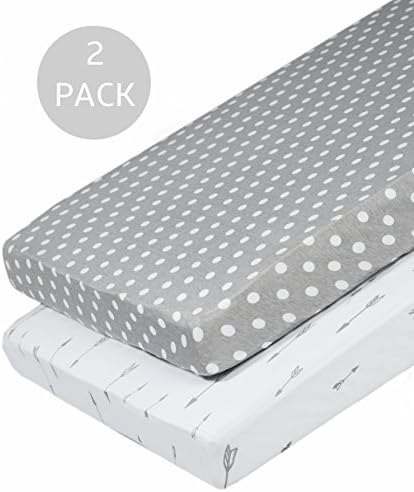 Pack N Play Sheets, 2 Pack, 100% Jersey Cotton Playard Sheet for Boy and Girl, Polka Dots and Grey Arrows by Consciously