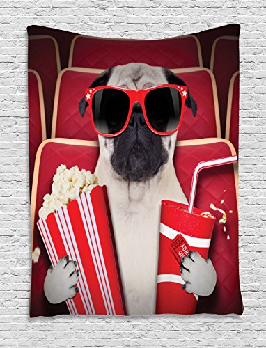 Pug Tapestry, Funny Dog Watching Movie Popcorn