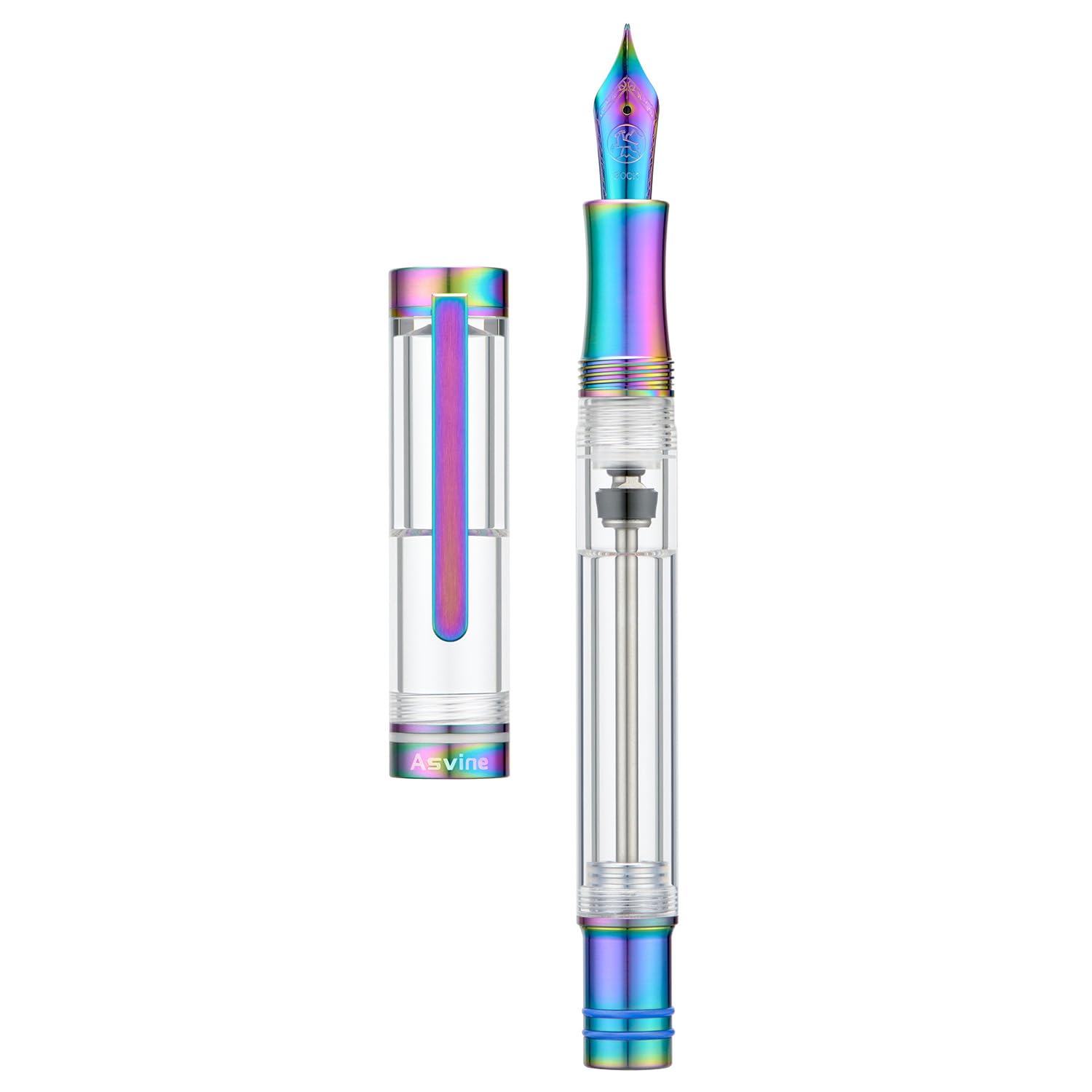 Asvine V200 Titanium Fountain Pen Vacuum Filling, Rainbow Iridium Extra Fine Nib Clear Demonstrator Acrylic with Pen Case and Wrench