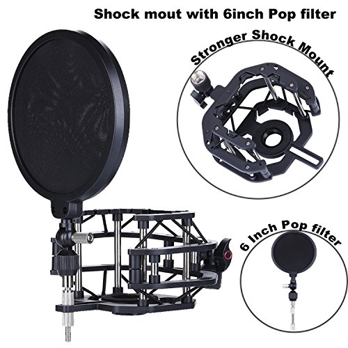 Microphone Shock Mount with Pop Filter Mic Windscreen Shield for Studio Radio Broadcasting and Recording, Anti Vibration Suspension Metal Mic Mount (6