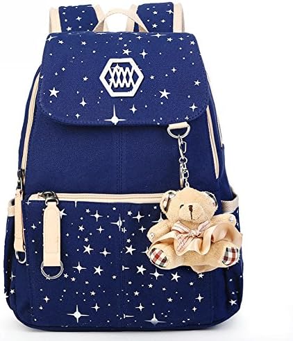 YiYiNoe Canvas School Backpack Rucksack Bookbag for Girls,Star Printed Weekend Shoulders Bag for 15.6 Laptop