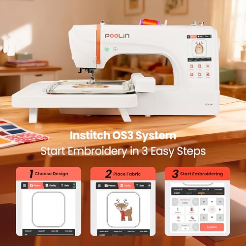 POOLIN EOC06 Embroidery Machine 7.9x11 Inch Large Area for Clothing, Computerized 7 Inch Touchscreen Achieve Letter Embroidery and Combination Embroidery, Includes Thread, Stabilizer, Bobbins