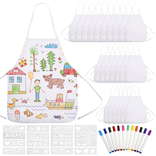 Pllieay 52 PCS DIY Kid Aprons, Toddler Apron White Aprons for Kids with Colored Pen and Journal Stencils for Painting, Kitchen, Cooking