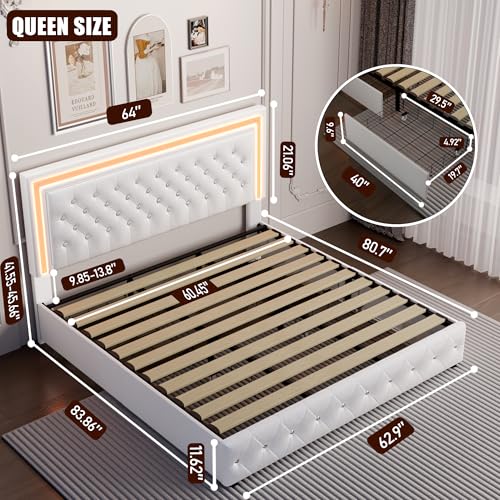 Queeen Bed Frame with 4 Storage Drawers, LED Bed Frame with Remote Control Rhythm Sync Light, Adjustable Diamond Tufted Headboard, No Box Spring Needed, Velvet Cream