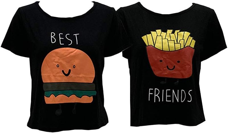 MOLFROA 2-Pack Women's Casual Cute Cartoon Best Friend Printed Crop Tops Funny Tops Tees