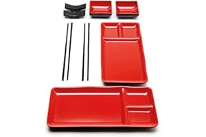 GOLIBER 8 Piece Japanese Style Sushi Plate Dinnerware Set - Includes 2 Sushi Plates, 2 Sauce Dishes, 2 Pairs of Chopsticks, 2