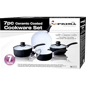 Prima 4 Ceramic Coated Cookware Set (Saucepan w/lid 16,18,20cm Frypan 24cm) Black, Beige
