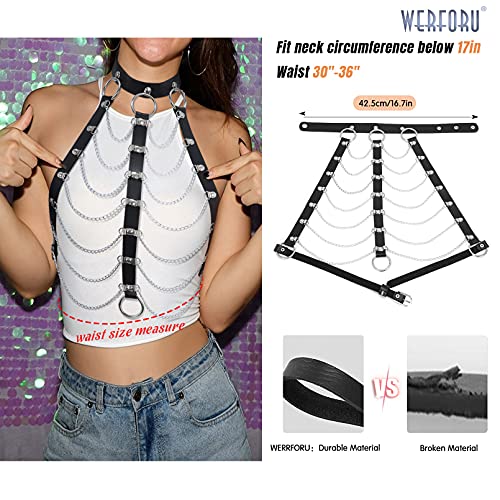 WERFORU Women Black Punk Layered Body Chain Tassel Belt PU Leather Choker Halloween，Fit neck circumference up to 16\