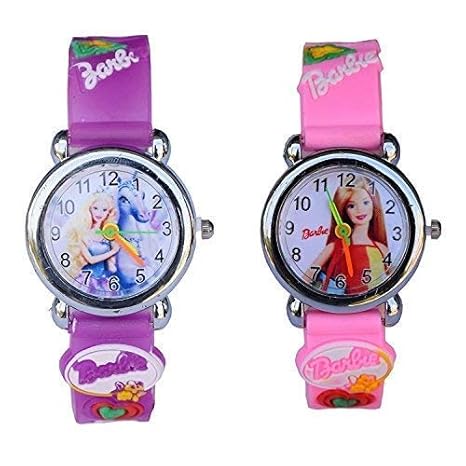 Barbie Rubber Band Analogue Kids Watches Combo for Girls (Pink & Purple)