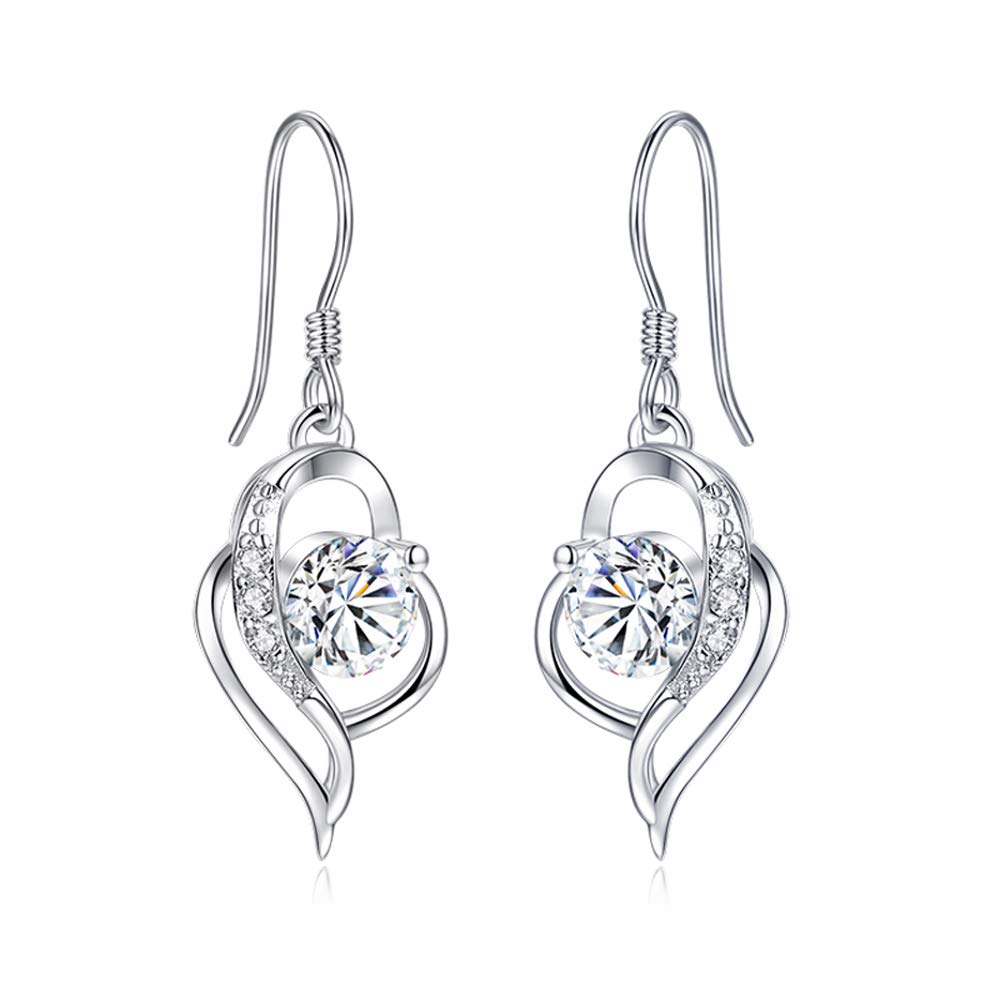 Shuxin Silver Dangle Drop Earrings for Women, 925 Sterling Heart Earrings, with White AAA Cubic Zirconia, Hypoallergenic Jewellery for Sensitive Ears, Suitable for Women Girls, Come in Jewellery Box