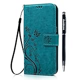 LG Stylus 2 Plus /Stylo 2 Plus K520 Wallet Case - Auideas Floral Butterfly Embossed PU Leather Magnetic Flip Cover Card Holders & Hand Strap for LG Stylus 2 Plus / Stylo 2 Plus / K530 / MS550 - Blue