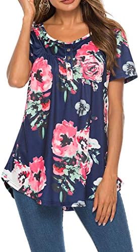 FNKDOR Women Short Sleeve Floral Print Short Sleeve T-Shirt O Neck Buttons Casual Boho Holiday Tops Blouse