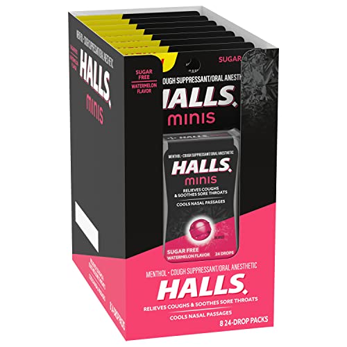HALLS MINIS WATERMELON FLAVOR SUGAR FREE COUGH DROPS, 8 PACKS OF 24 DROPS (192 DROPS TOTAL)