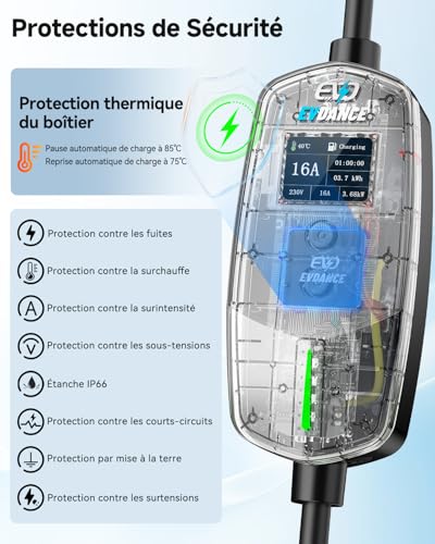 EVDANCE Electric Car Charger 3.68kW, 6.1m Electric Car Charging Cable, 6-16A Adjustable Current, 0-12h Programmable Delayed Load, IP66 Portable Type 2 Cable for EV IEC 62196-2, Silver