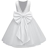 Inpown Flower Girl Dress Tulle Satin Pearls Knee Length A-Line First Communion Dresses for Girls Wedding Princess Ball Gown