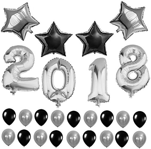 42 Inch 2018 Balloon Silver Number Decoration Banner -with 20pcs 12" Silver and Black Latex Balloon, 4pcs 18" Five-Pointed Star Foil Balloon,for Bridal Wedding and Graduations Party Supplies
