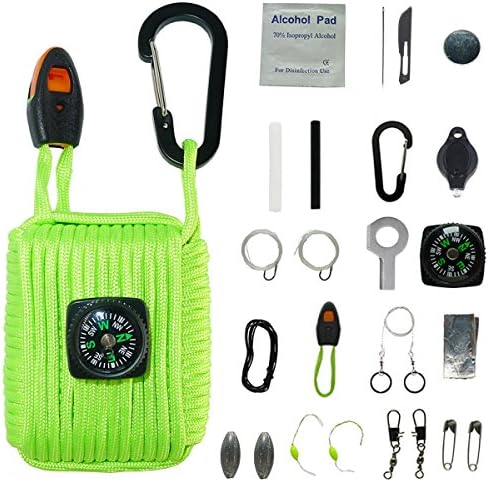 The Bobcats 26 Attachments Survival Kit Wrapped in Survival Grenade with 550lb Paracord For Outdoor Emergency (Bright Green)