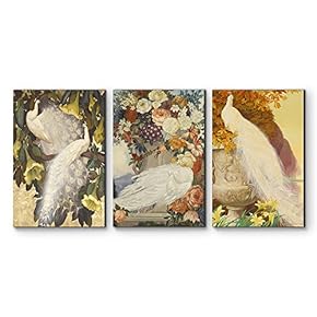 3 Panel Canvas Wall Art - Decorative White Peacock Canvas Art Set - Giclee Print Gallery Wrap Modern Home Art Ready to Hang - 16"x24" x 3 Panels