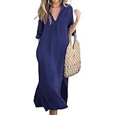 utcoco Womens Cotton Linen Maxi Dresses Casual Loose Fit V Neck 3/4 Sleeve Side Slit A Line Linen Long Dress