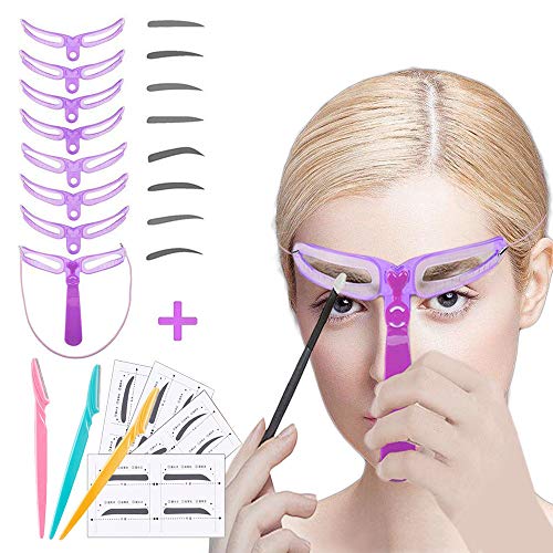 YBB 8 Styles Eyebrow Stencils, Eyebrow Shaping Templates DIY Grooming Stencil Kit Reusable Eyebrow Drawing Guide Card with 24 Pair Eyebrows Shape Stickers and 3 Pcs Eyebrow Razors