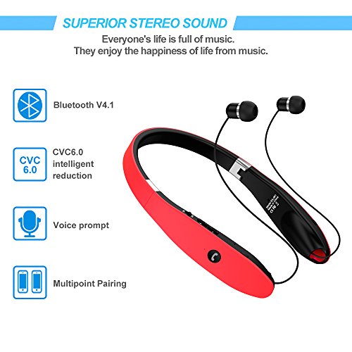 Bluetooth Headset, Bluetooth Headphones SX991-LBell Wireless Neckband Design with Foldable Retractable Headset for X/ 8/7 Plus Samsung Galaxy S8 Note 8 and Other Bluetooth Enabled Devices